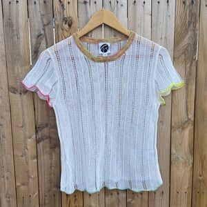 YanYan White Short-Sleeve Knit Top with Multicolor Trim